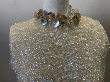 N/L, Cream, Clear, Silver, Gold, Wool, Sequins, Clear Sequins on Sleeveless Knit, Paillettes and Beads at Neck, Center Back Metal Zipper, Lined