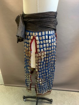Mens, Historical Fiction Skirt, MTO, Navy Blue, Silver, Gold, Black, Synthetic, OS, Wide Metallic Waistband, Small Rectangle Silver Plates, Chain & Assorted Charm Trim, Wrap Around, Tie Waist, Slit Sides