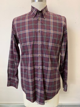 BROOKS BROTHERS, Wine Red, Navy Blue, Dk Green, Beige, Cotton, Plaid, L/S, Button Front, Collar Attached, Chest Pocket