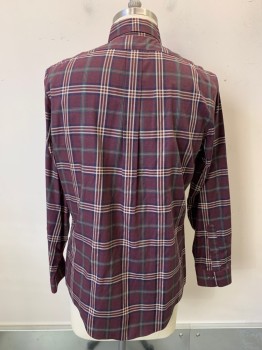 BROOKS BROTHERS, Wine Red, Navy Blue, Dk Green, Beige, Cotton, Plaid, L/S, Button Front, Collar Attached, Chest Pocket