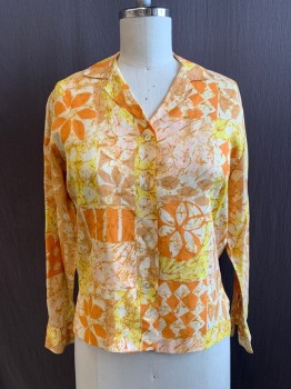 Womens, Blouse, JACK WINTER, Yellow, Orange, Lt Brown, Polyester, Floral, Diamonds, B: 38, Light Brown Crackle Pattern, Collar Attached, Button Front, Long Sleeves