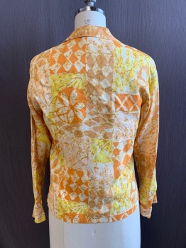 JACK WINTER, Yellow, Orange, Lt Brown, Polyester, Floral, Diamonds, Light Brown Crackle Pattern, Collar Attached, Button Front, Long Sleeves