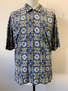 TOMMY BAHAMA, Blue, Off White, Gray, Black, Mustard Yellow, Silk, Geometric, Collar Attached, Button Front, Short Sleeves