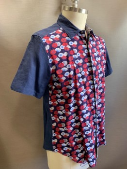 ROBERT GRAHAM, Navy Blue, Red, White, Cotton, Linen, Abstract , Circles, Patterned Front with Seersucker Texture, Short Sleeves, Collar and Back are Solid Navy Linen, Button Front, No Pocket