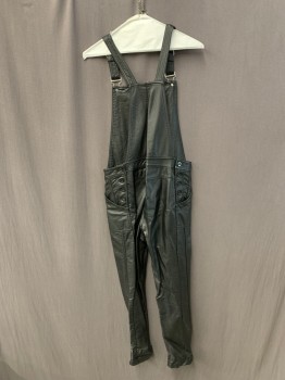 Womens, Overalls, TOPSHOP, Black, Faux Leather, Solid, 6, Bib Overalls, Silver Hardware, Adjustable Straps, Front Zip Pocket, 2 Pockets, Button Sides