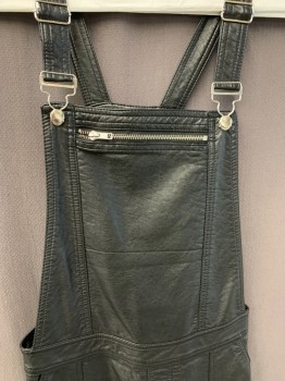 Womens, Overalls, TOPSHOP, Black, Faux Leather, Solid, 6, Bib Overalls, Silver Hardware, Adjustable Straps, Front Zip Pocket, 2 Pockets, Button Sides