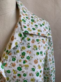 Womens, Shirt, N/L, White, Green, Lt Brown, Yellow, Cotton, Floral, B 36, Button Front, Collar Attached, Short Sleeves
