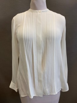 VINCE, Cream, Silk, Solid, L/S, Button Front, Crew Neck, Ribbed Detail