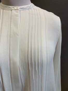 VINCE, Cream, Silk, Solid, L/S, Button Front, Crew Neck, Ribbed Detail