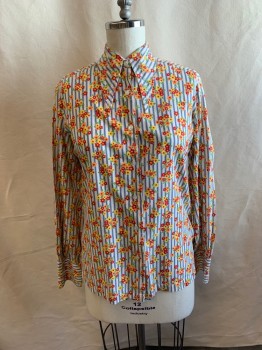 Womens, Blouse, N/L, White, Lt Blue, Red, Yellow, Orange, Cotton, Floral, Stripes, B40, Collar Attached, Long Sleeves, Button Front, 2 Button Cuffs, Floral Pattern, Blue Stripes Background