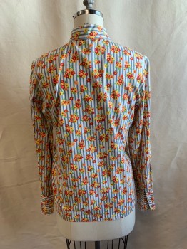 Womens, Blouse, N/L, White, Lt Blue, Red, Yellow, Orange, Cotton, Floral, Stripes, B40, Collar Attached, Long Sleeves, Button Front, 2 Button Cuffs, Floral Pattern, Blue Stripes Background