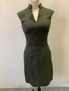 ANTONIO MELANI, Olive Green, Polyester, Herringbone, Stand Collar with V-neck, Wide Waistband/Yoke, Small Pleats at Bust, Fitted, Knee Length, Invisible Zipper in Back
