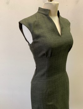 ANTONIO MELANI, Olive Green, Polyester, Herringbone, Stand Collar with V-neck, Wide Waistband/Yoke, Small Pleats at Bust, Fitted, Knee Length, Invisible Zipper in Back