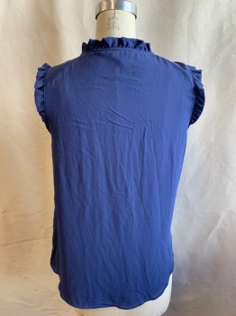 ANN TAYLOR, Slate Blue, Polyester, Solid, 1/2 Button Front, Hidden Placket, Ruffle Neck/Sleeves, Sleeveles, Faggotting Detail