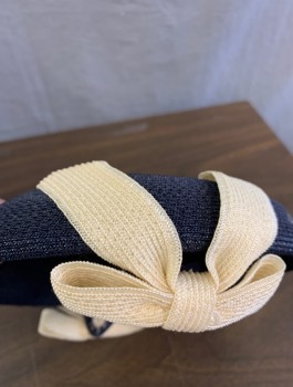 Womens, Hat, LOUISE, Navy Blue, Cream, Straw, Disc Shaped with Contrasting Upside Down Bows at Sides of Head, in Good Condition