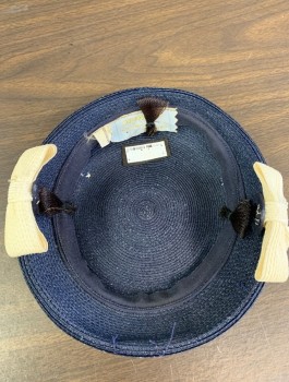 Womens, Hat, LOUISE, Navy Blue, Cream, Straw, Disc Shaped with Contrasting Upside Down Bows at Sides of Head, in Good Condition