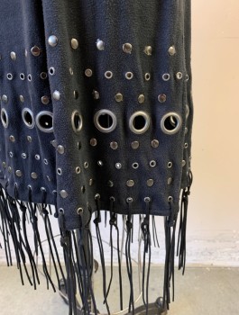 N/L, Black, Polyester, Metallic/Metal, Solid, Faux Micro Suede Polyester, Various Circular Silver Metal Studs and Grommets at Hem with Self Hanging Fringe, Elastic Waist