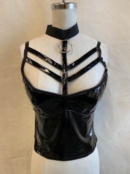 COQUETTE, Black, Polyurethane, Solid, Latex Looking Fabric, Adjustable Straps, Sweetheart Neck with Chevron Straps to Elastic Neck with Velcro Back Closure, Silver Ring Detail Front Neck, Back Zip, Club, Goth, BDSM