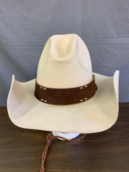 BARON HAT INC, Lt Beige, Fur Felt, 1.5" Brown Leather Hat Band With White Stitches, Leather Chin Strap, Gus Crease,