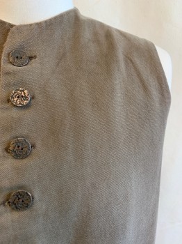 Mens, Historical Fiction Vest, MTO, Taupe, Cotton, Solid, Heathered, 38, 1700s, Round Neck, Button Front, 2 Pockets *Aged/Distressed*