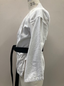 Unisex, Martial Arts Top, KI, White, Cotton, Solid, S, Crossover Open Front, Long Sleeves, Black Self Belt, Karate Gi