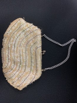 Womens, Purse, N/L, Cream, White, Clear, Gray, Beaded, Sequins, Stripes, Fabric Clutch with Short Modern Chain, Hinge Open and Clasp Close, Iridescent Sequines and Beads, Has Seen Better Days