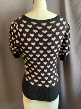FRENCH CONNECTION, Black, Lt Pink, Viscose, Polyamide, Heart Pattern, CN, S/S, Ribbed Neck, Cuffs, & Waist