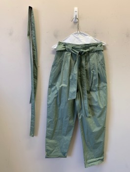 LA VIE, Sea Foam Green, Cotton, Solid, High Waist, Wide Belt Loops with Pleats at Either Side, Zip Fly, 4 Pockets, Tapered Leg, **With **2** Matching Fabric Sash Belts  **Has TV Alts - Taken in at Waist