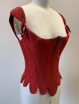 N/L MTO, Dk Red, Cotton, Swirl , Brocade, 1.5" Wide Straps with Ties Attaching Them to Bodice, Scoop Neck, Boned Structure, Tabs at Hem, Lace Up in Back, Made To Order Reproduction 1500's