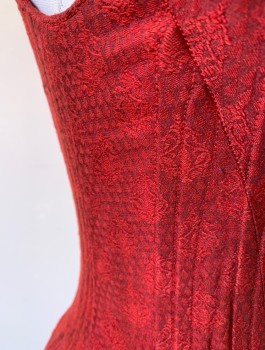 N/L MTO, Dk Red, Cotton, Swirl , Brocade, 1.5" Wide Straps with Ties Attaching Them to Bodice, Scoop Neck, Boned Structure, Tabs at Hem, Lace Up in Back, Made To Order Reproduction 1500's