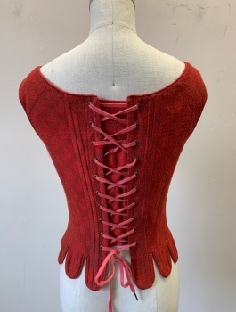 Womens, Historical Fiction Corset, N/L MTO, Dk Red, Cotton, Swirl , B<32", XS, W<26", Brocade, 1.5" Wide Straps with Ties Attaching Them to Bodice, Scoop Neck, Boned Structure, Tabs at Hem, Lace Up in Back, Made To Order Reproduction 1500's