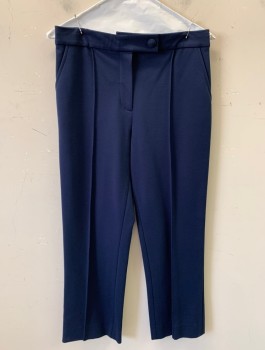 TORY BURCH, Navy Blue, Viscose, Polyamide, Solid, Stretch Ponte, High Waist, Button Tab, Cropped Straight Leg, Pin Tuck at Center of Each Leg, 4 Pockets, Belt Loops