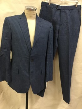 BROOKS BROTHERS, Slate Blue, Beige, Linen, Stripes - Pin, Single Breasted, 2 Buttons,  3 Pockets, Notched Lapel, Unlined