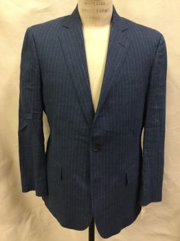 BROOKS BROTHERS, Slate Blue, Beige, Linen, Stripes - Pin, Single Breasted, 2 Buttons,  3 Pockets, Notched Lapel, Unlined