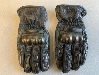 Womens, Leather Gloves, BILT, Black, Leather, Medium, Pair, Motorcycle Gloves, Molded Knuckles Painted Metallic to Look More Futuristic, Elastic Wrists, Multiples