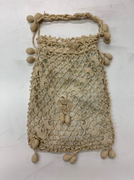 Womens, Purse 1890s-1910s, N/L, Cream, Cotton, Solid, Floral, *Aged/Distressed* Drawstring, Braided Floral, Ball Ends