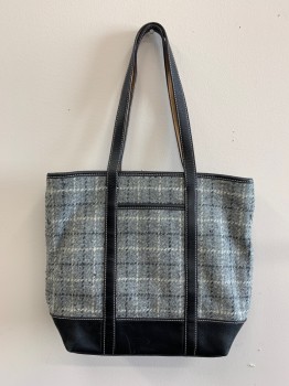 Womens, Purse, COACH, Gray, White, Dk Gray, Leather, Wool, Plaid, Tote, Black Leather Shoulder Straps