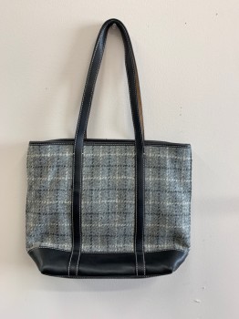Womens, Purse, COACH, Gray, White, Dk Gray, Leather, Wool, Plaid, Tote, Black Leather Shoulder Straps