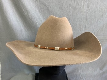 Mens, Cowboy Hat, BAILEY, Tan Brown, Wool, 7 3/8, Brown Hat Band with Silver Conchos in Front, Misshapen