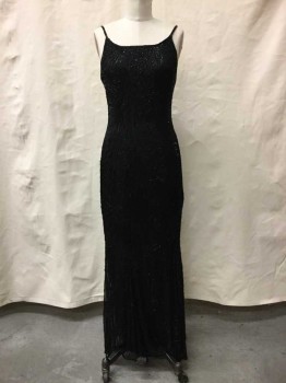 Stenay, Black, Silk, Beaded, Solid, Spaghetti Straps, Rounded Square Neckline, Beaded All Over