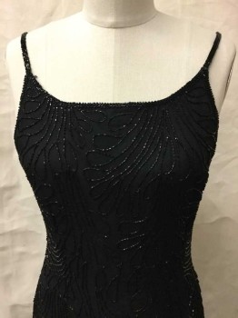 Stenay, Black, Silk, Beaded, Solid, Spaghetti Straps, Rounded Square Neckline, Beaded All Over