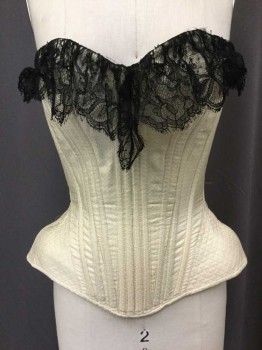 Womens, Corset 1890s-1910s, MTO, Ivory White, Black, Silk, Cotton, Diamonds, 24+W, 30+B, 34+H, Lacing Center Back, Quilted Hips, Black Chantilly Lace Along Top Edge,