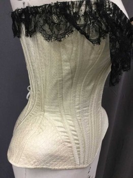 Womens, Corset 1890s-1910s, MTO, Ivory White, Black, Silk, Cotton, Diamonds, 24+W, 30+B, 34+H, Lacing Center Back, Quilted Hips, Black Chantilly Lace Along Top Edge,