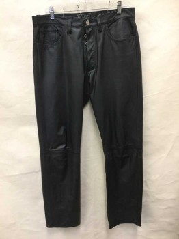 Mens, Leather Pants, Messini, Black, Leather, 34, 34, Jean Cut, Back Pockets, Belt Loops. Silver Button Fly, Straight Leg, Seams At Knees