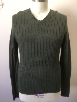 BANANA REPUBLIC, Forest Green, Wool, Solid, Ribbed Knit, L/S, V-N,