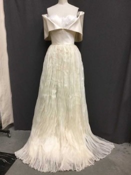 Womens, Wedding Gown, WHITE, Cream, Silk, Feathers, Solid, 4, Hem Below Knee, Feathers At Bust, Off Shoulder Fabric Folded Over, Chiffon Crinkle Pleat Skirt Over