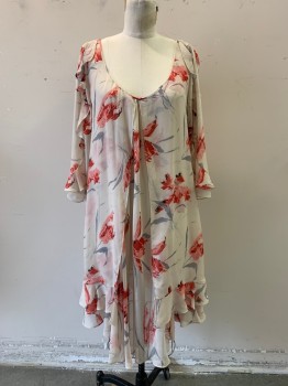 DVF, Ecru, Red, Pink, Gray, Silk, Floral, Sheer Scoop Neck, 3/4 Sleeves, Ruffles On Sleeves and At Hem, Double Layered Body with Slit Down Center Front, Missing Belt