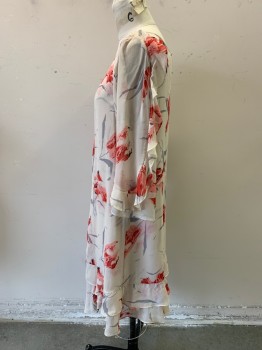DVF, Ecru, Red, Pink, Gray, Silk, Floral, Sheer Scoop Neck, 3/4 Sleeves, Ruffles On Sleeves and At Hem, Double Layered Body with Slit Down Center Front, Missing Belt