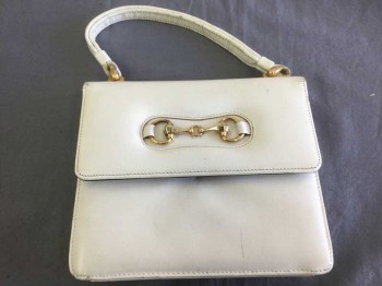 PARISTYLE, Cream, Gold, Leather, Solid, Gold Decorative Detail/"Clasp" on Flap Closure, Short 1/2" Wide Handle, Snap Closure, Black Faille Lining, **Scuffed/Lightly Worn Throughout
