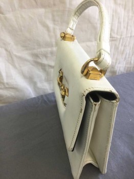 PARISTYLE, Cream, Gold, Leather, Solid, Gold Decorative Detail/"Clasp" on Flap Closure, Short 1/2" Wide Handle, Snap Closure, Black Faille Lining, **Scuffed/Lightly Worn Throughout